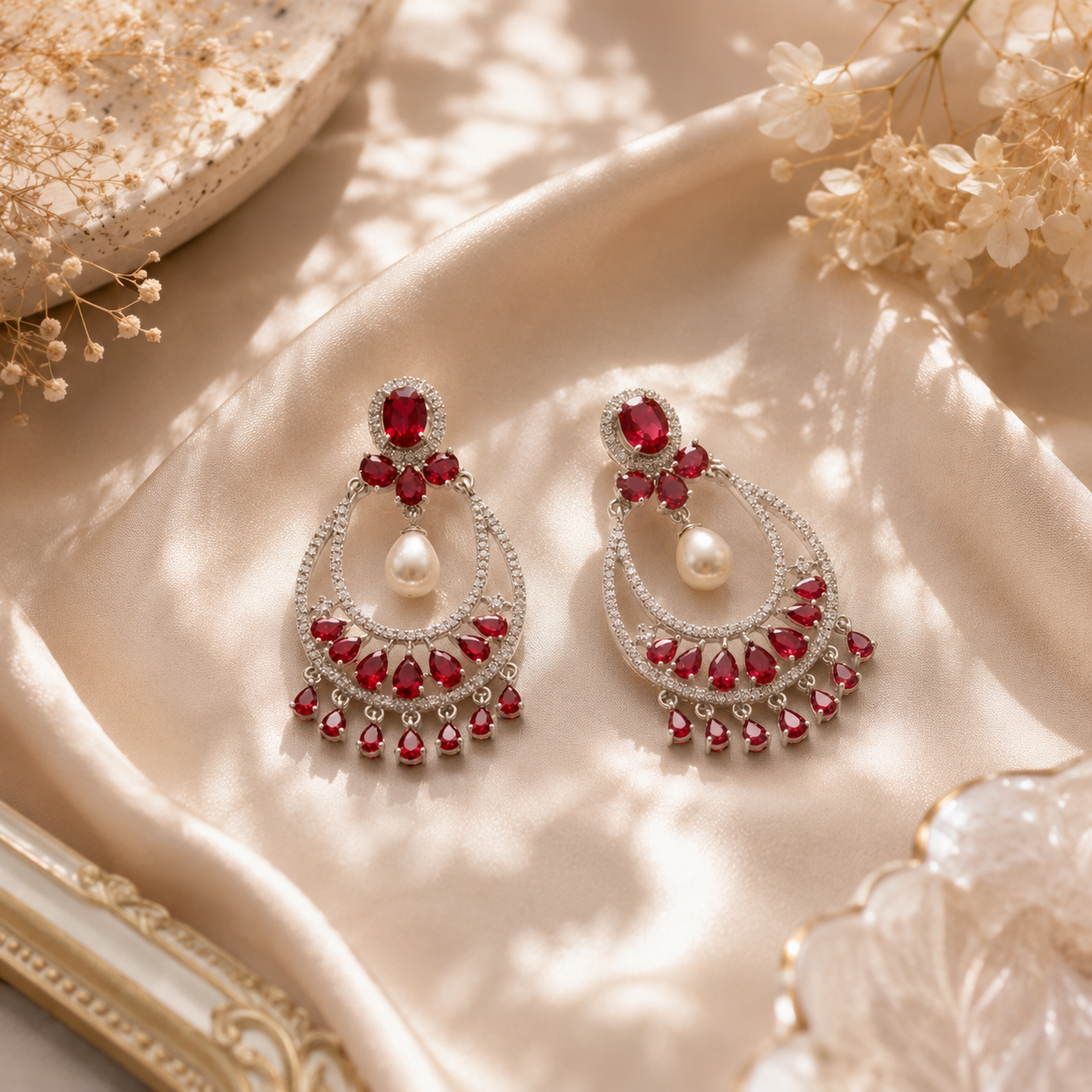 Generic Women's Brass Silver Plated Chandbali Earrings (Red)